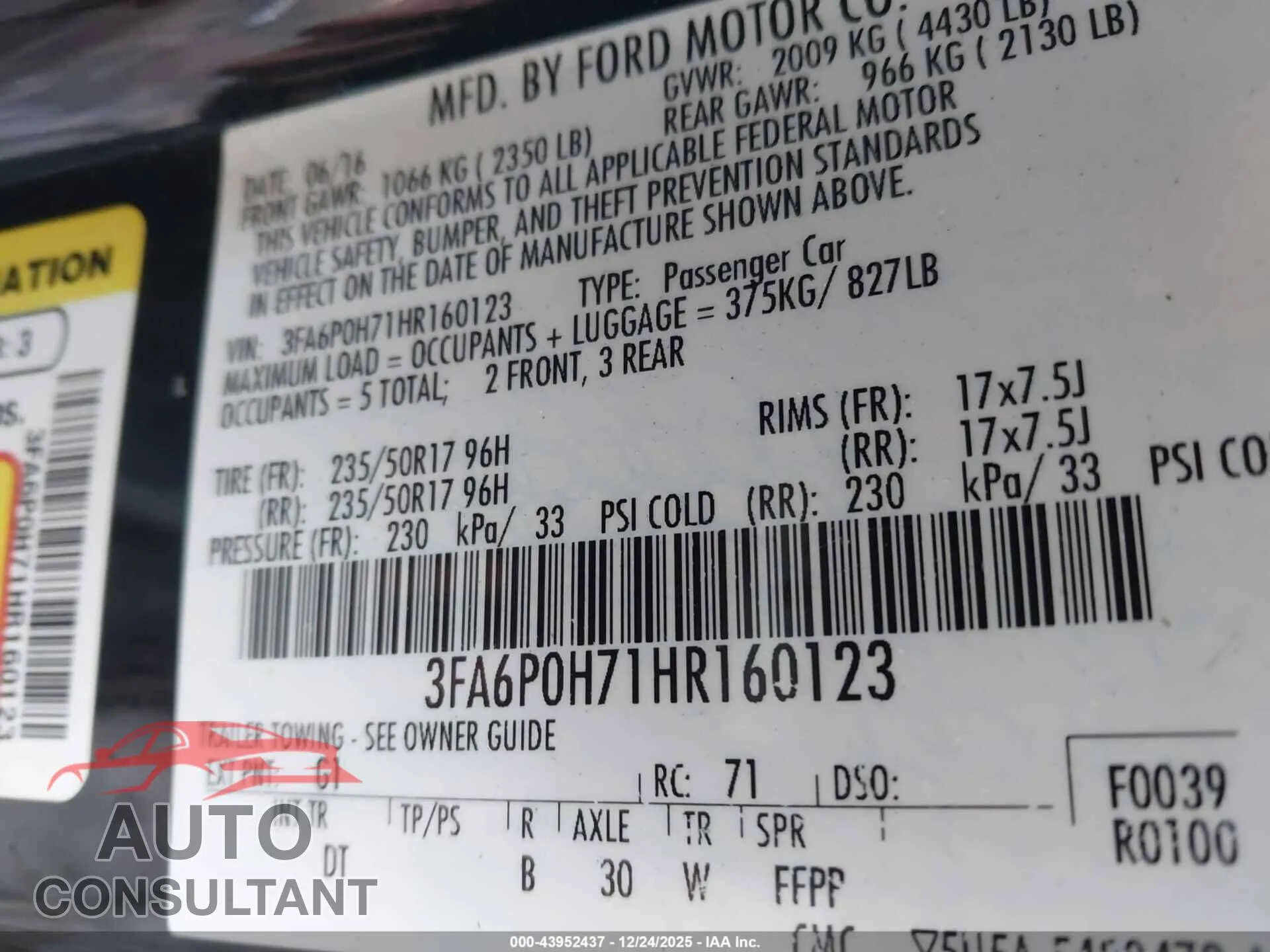 2017 FORD FUSION Damaged VIN 3FA6P0H71HR160123 – trunk area
