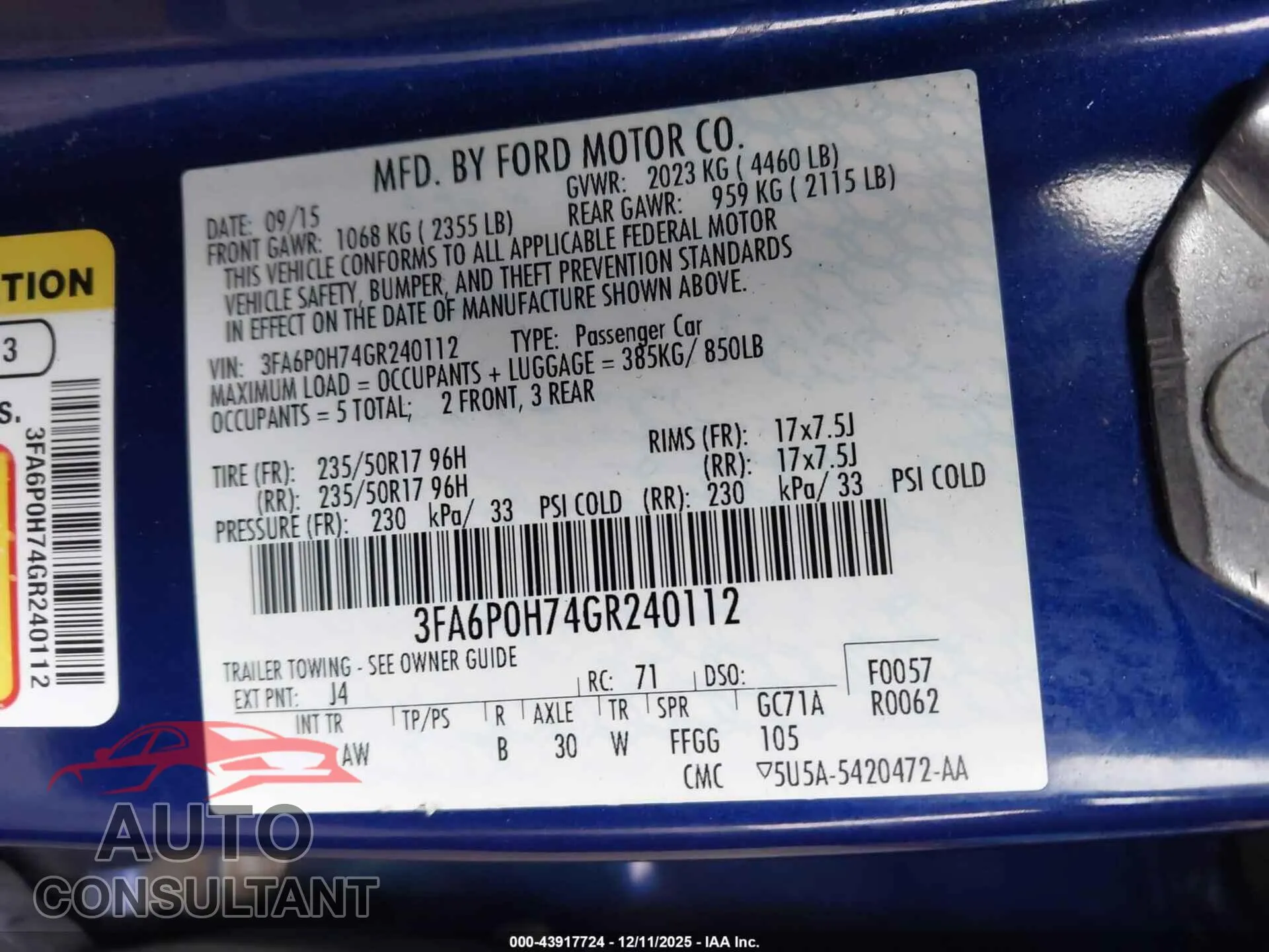2016 FORD FUSION Damaged VIN 3FA6P0H74GR240112 – trunk area