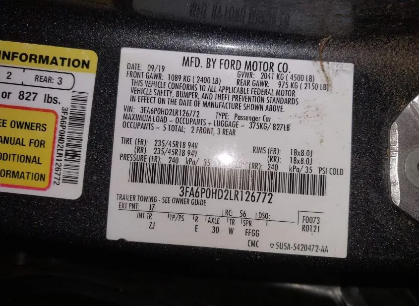 2020 FORD Fusion Used VIN 3FA6P0HD2LR126772 – odometer reading 2020 FORD Fusion Used VIN 3FA6P0HD2LR126772 – odometer reading