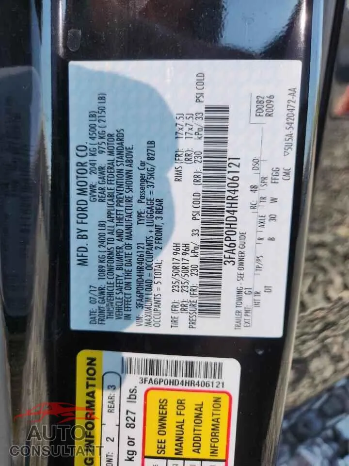 2017 FORD FUSION Damaged VIN 3FA6P0HD4HR406121 – photo 13