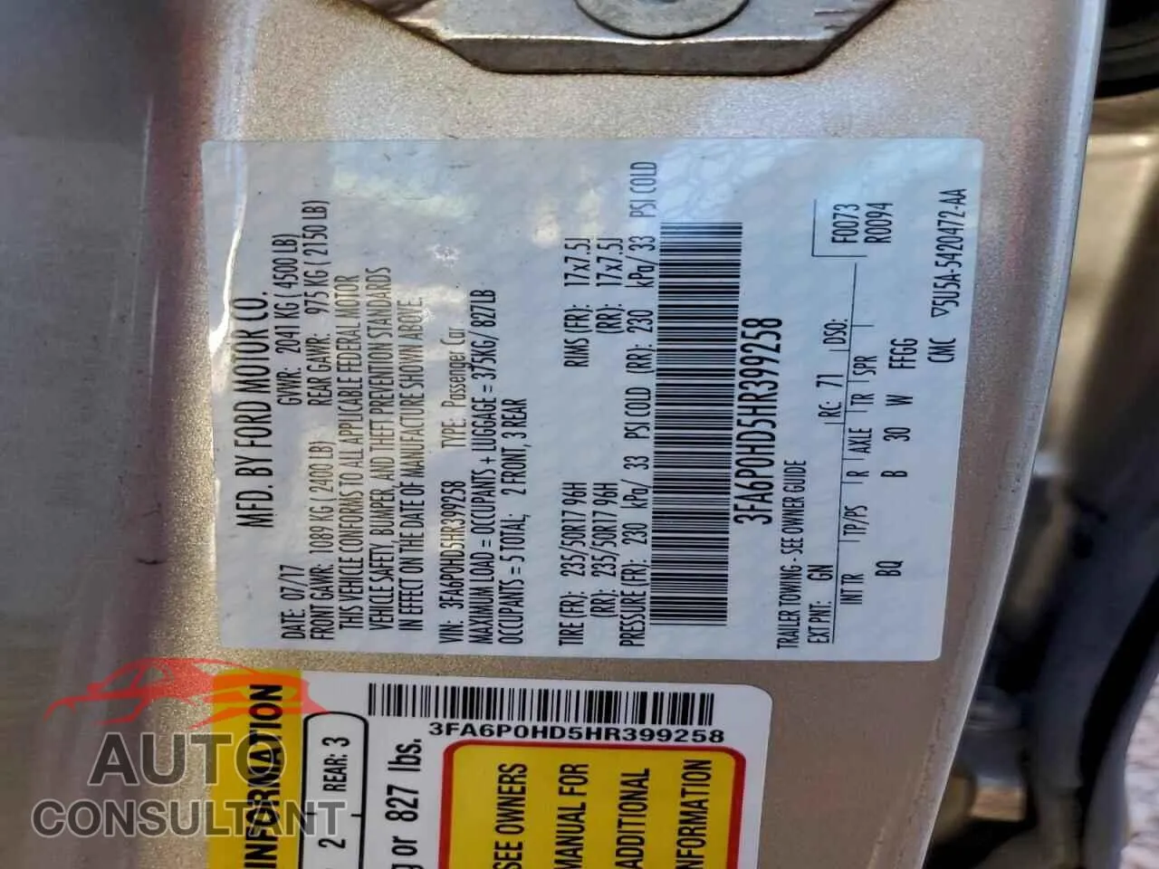 2017 FORD FUSION Damaged VIN 3FA6P0HD5HR399258 – photo 12