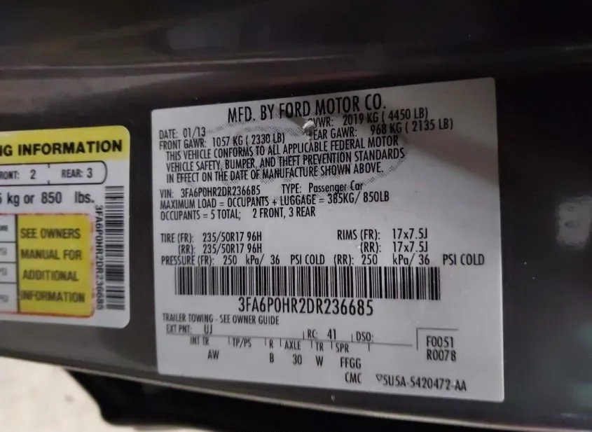 2013 FORD Fusion Used VIN 3FA6P0HR2DR236685 – interior seats 2013 FORD Fusion Used VIN 3FA6P0HR2DR236685 – interior seats