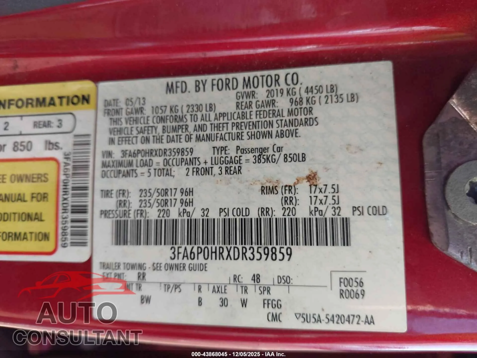 2013 FORD FUSION Damaged VIN 3FA6P0HRXDR359859 – trunk area 2013 FORD FUSION Damaged VIN 3FA6P0HRXDR359859 – trunk area