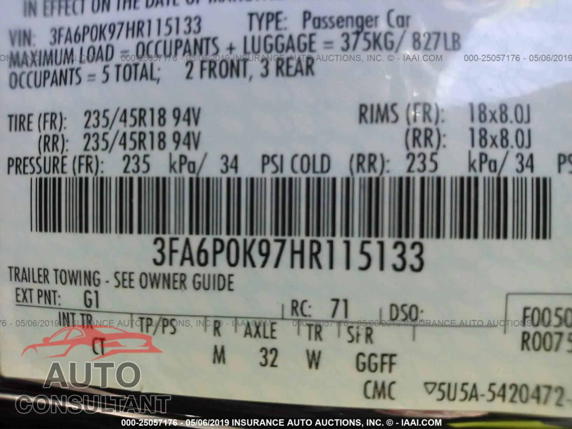 2017 FORD FUSION Used VIN 3FA6P0K97HR115133 – trunk area