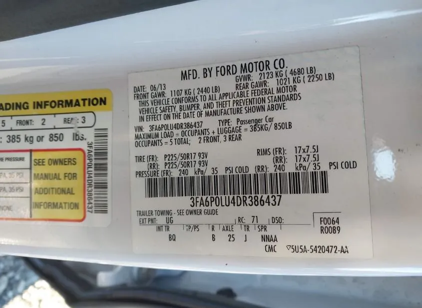 2013 FORD Fusion Used VIN 3FA6P0LU4DR386437 – interior seats 2013 FORD Fusion Used VIN 3FA6P0LU4DR386437 – interior seats