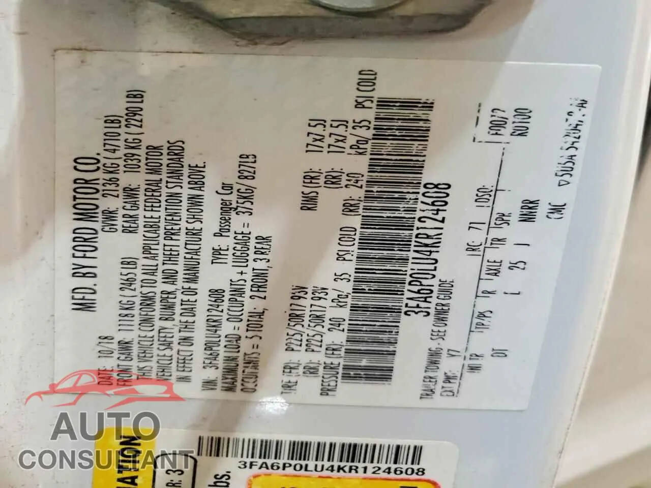 2019 FORD FUSION Damaged VIN 3FA6P0LU4KR124608 – photo 12