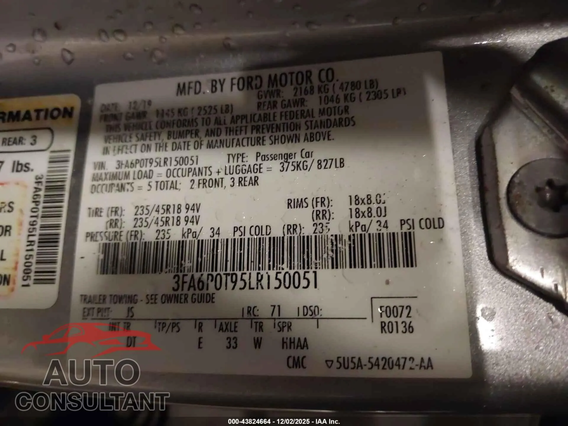 2020 FORD FUSION Damaged VIN 3FA6P0T95LR150051 – trunk area