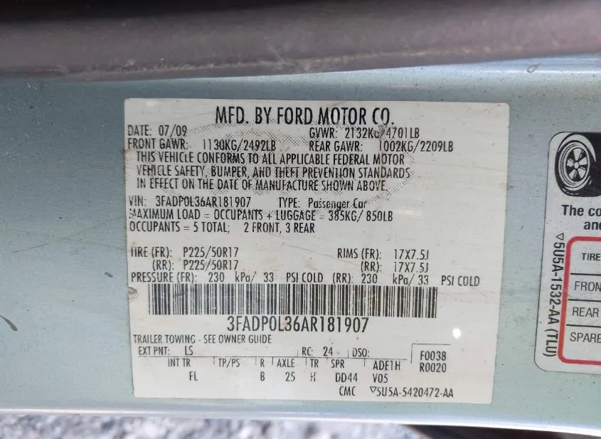 2010 FORD Fusion Used VIN 3FADP0L36AR181907 – interior seats