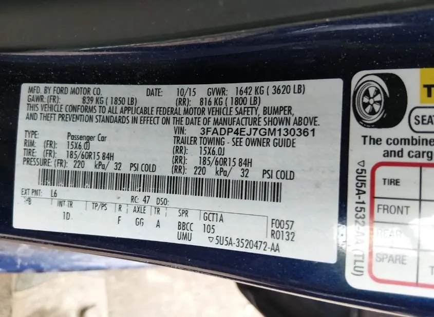 2016 FORD Fiesta Used VIN 3FADP4EJ7GM130361 – trunk area