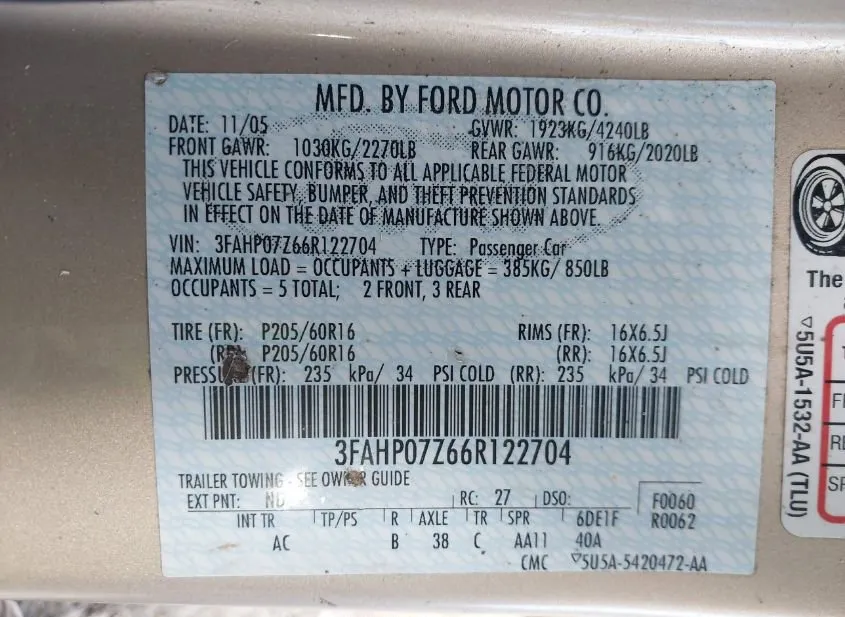 2006 FORD Fusion Used VIN 3FAHP07Z66R122704 – undercarriage