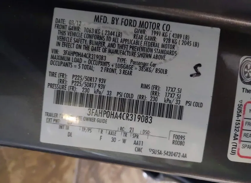 2012 FORD Fusion Used VIN 3FAHP0HA4CR319083 – side profile