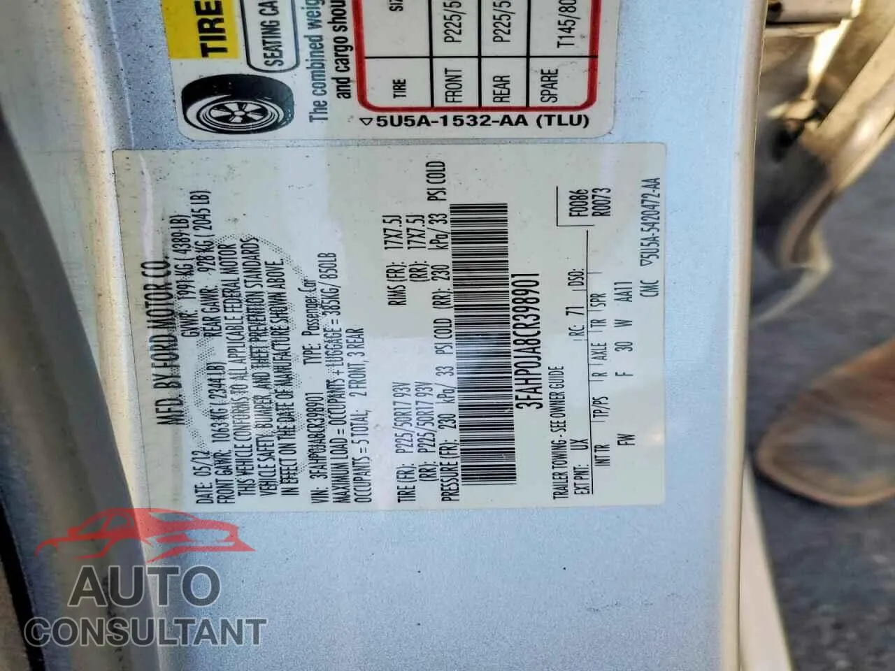 2012 FORD FUSION Damaged VIN 3FAHP0JA8CR398901 – photo 12
