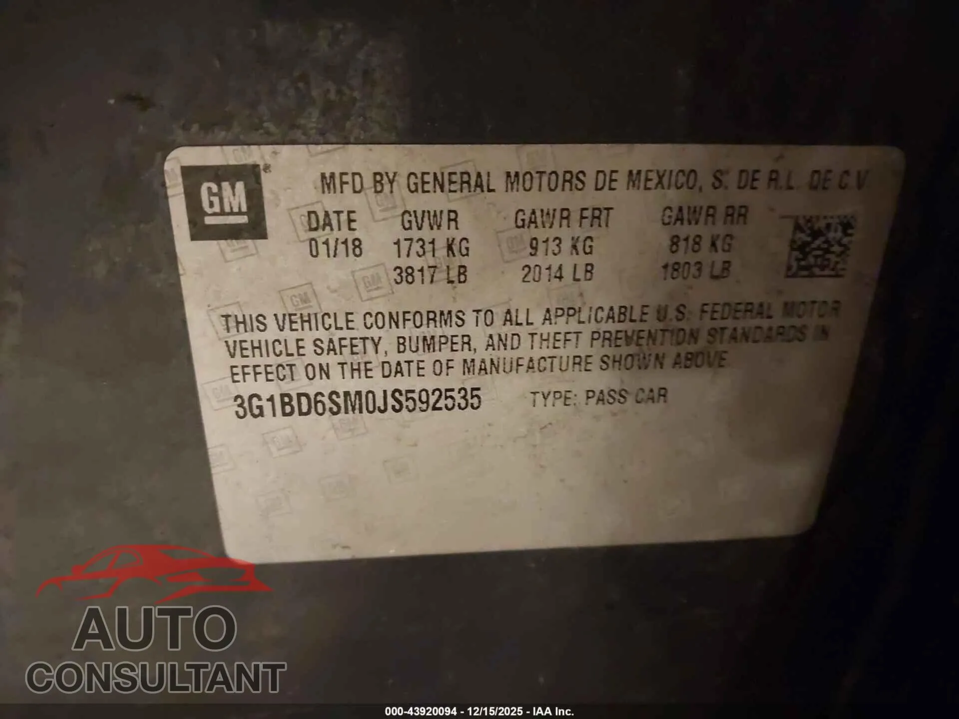 2018 CHEVROLET CRUZE Damaged VIN 3G1BD6SM0JS592535 – trunk area