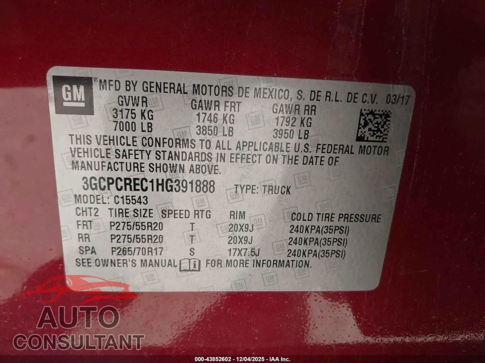 2017 CHEVROLET SILVERADO 1500 Damaged VIN 3GCPCREC1HG391888 – trunk area