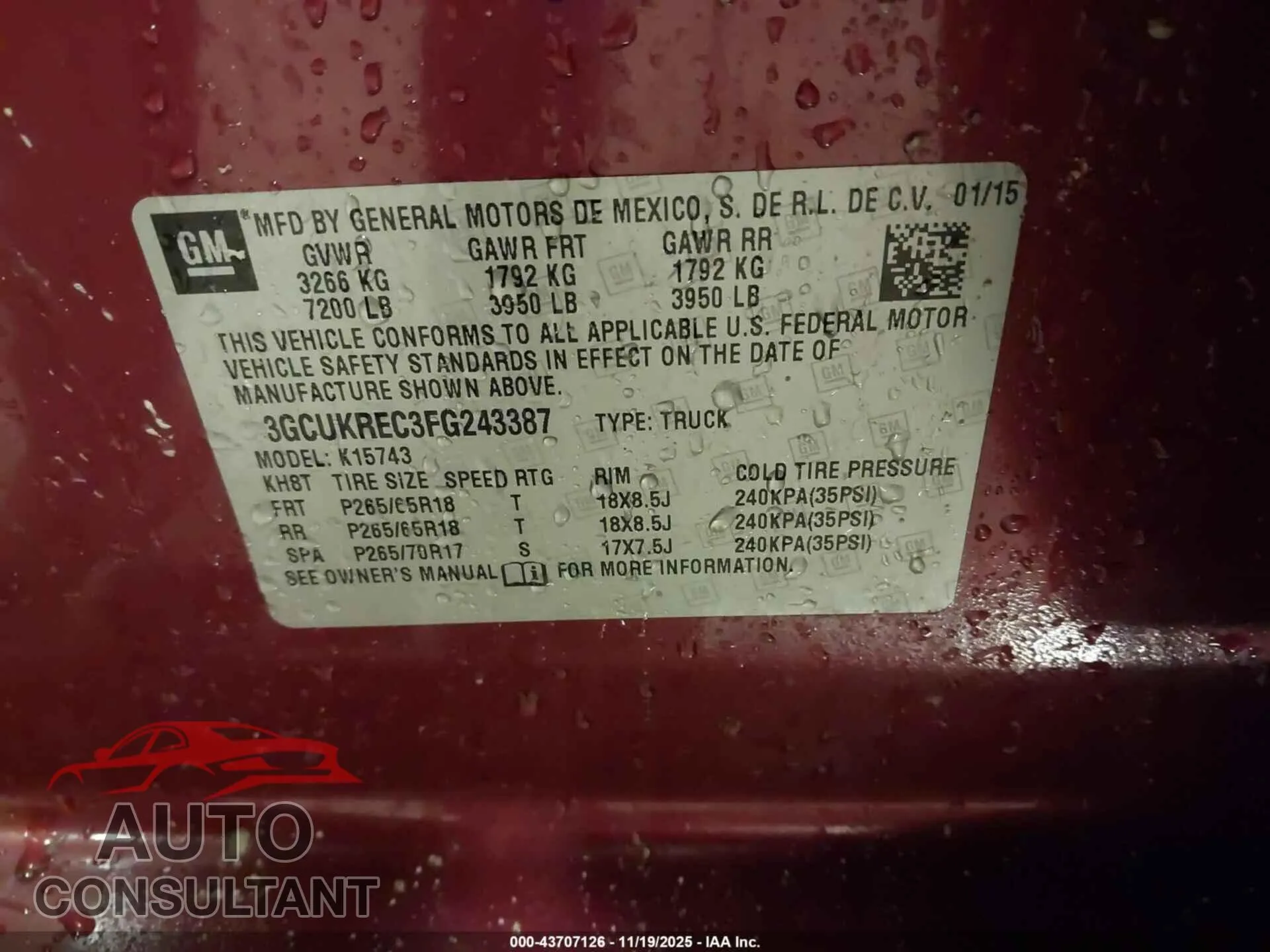 2015 CHEVROLET SILVERADO 1500 Damaged VIN 3GCUKREC3FG243387 – trunk area