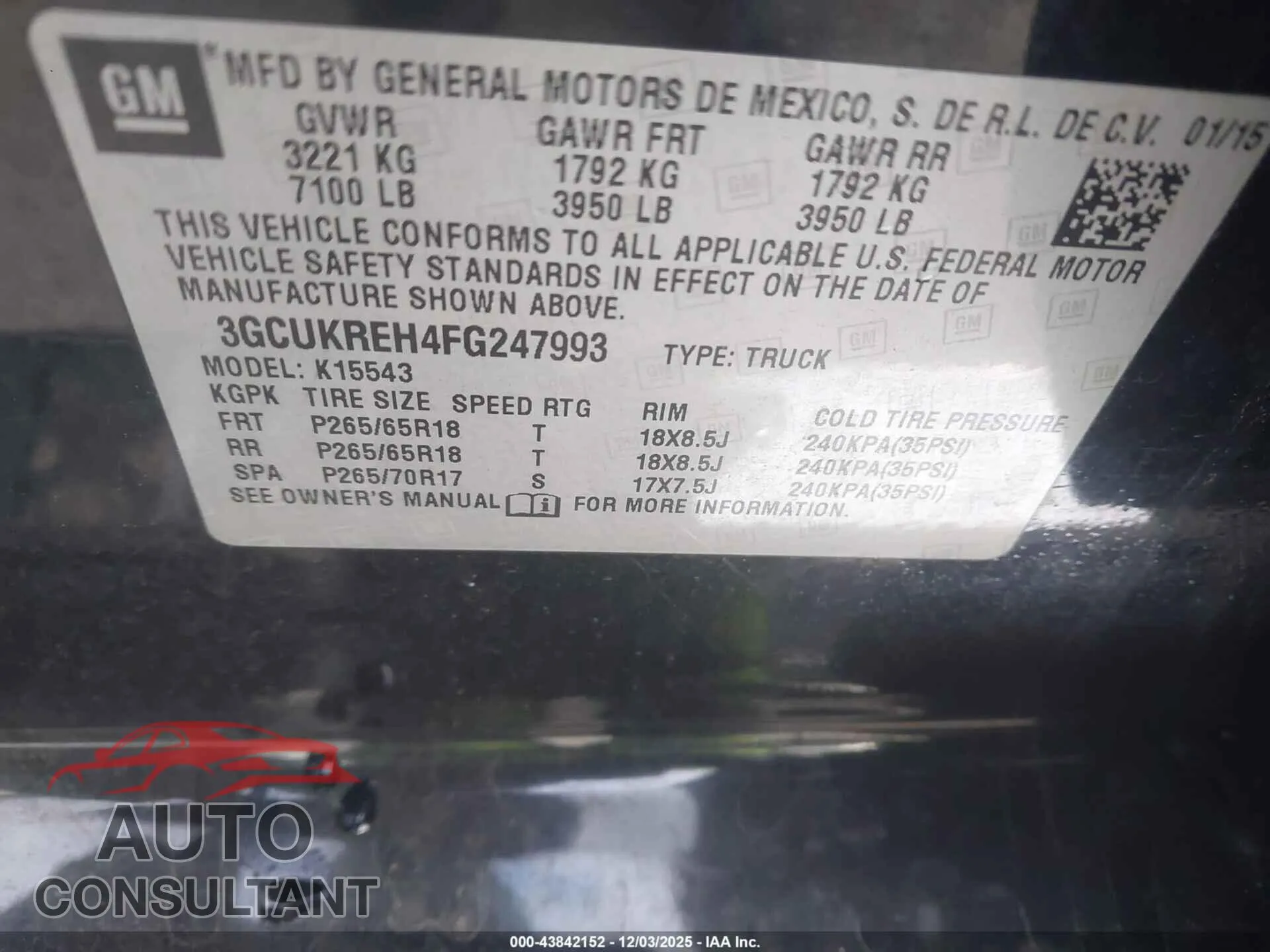 2015 CHEVROLET SILVERADO 1500 Damaged VIN 3GCUKREH4FG247993 – trunk area
