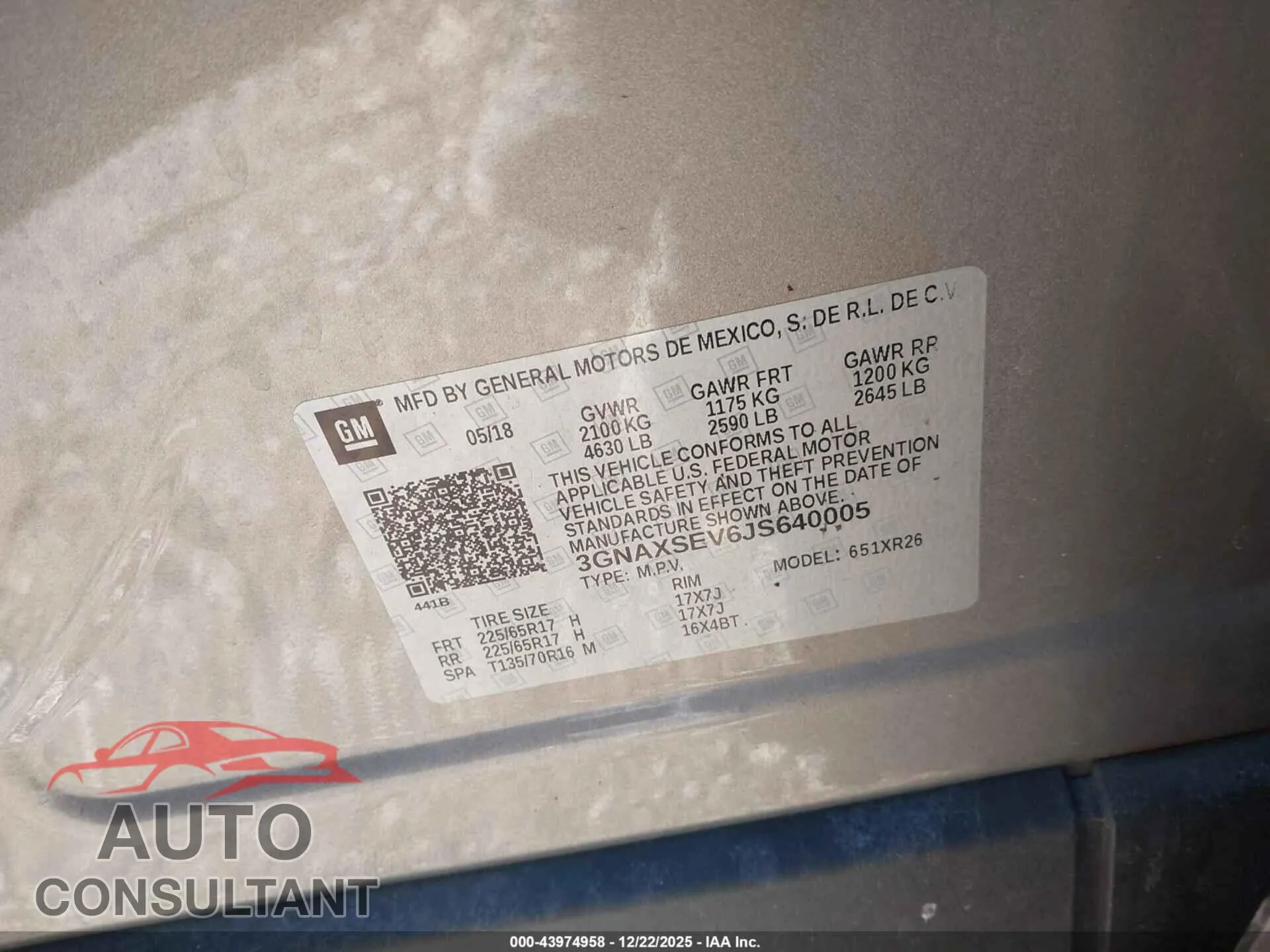 2018 CHEVROLET EQUINOX Damaged VIN 3GNAXSEV6JS640005 – trunk area