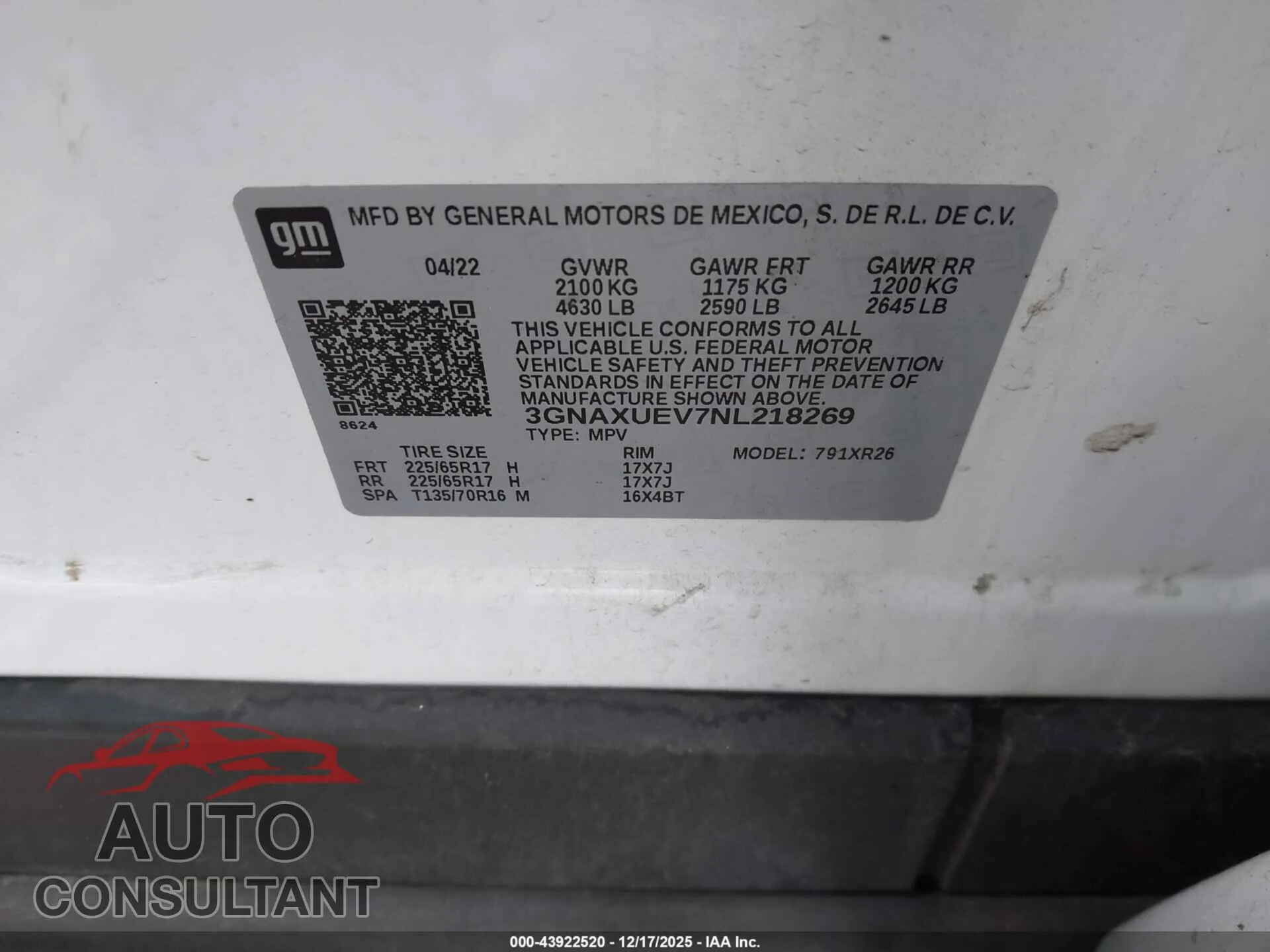 2022 CHEVROLET EQUINOX Damaged VIN 3GNAXUEV7NL218269 – trunk area