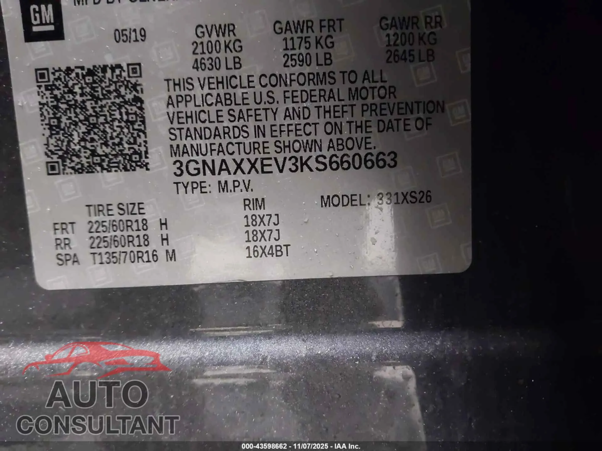 2019 CHEVROLET EQUINOX Damaged VIN 3GNAXXEV3KS660663 – trunk area