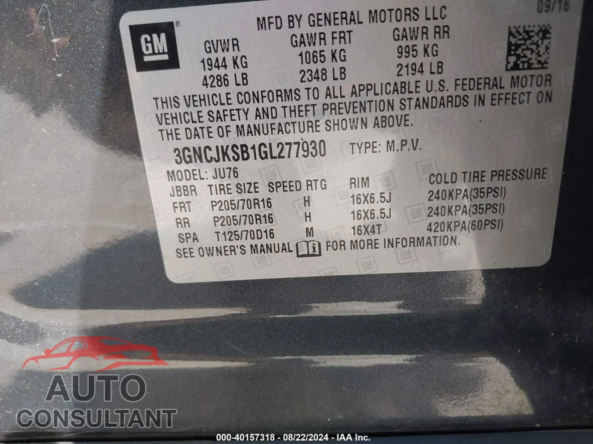 2016 CHEVROLET TRAX Damaged VIN 3GNCJKSB1GL277930 – trunk area