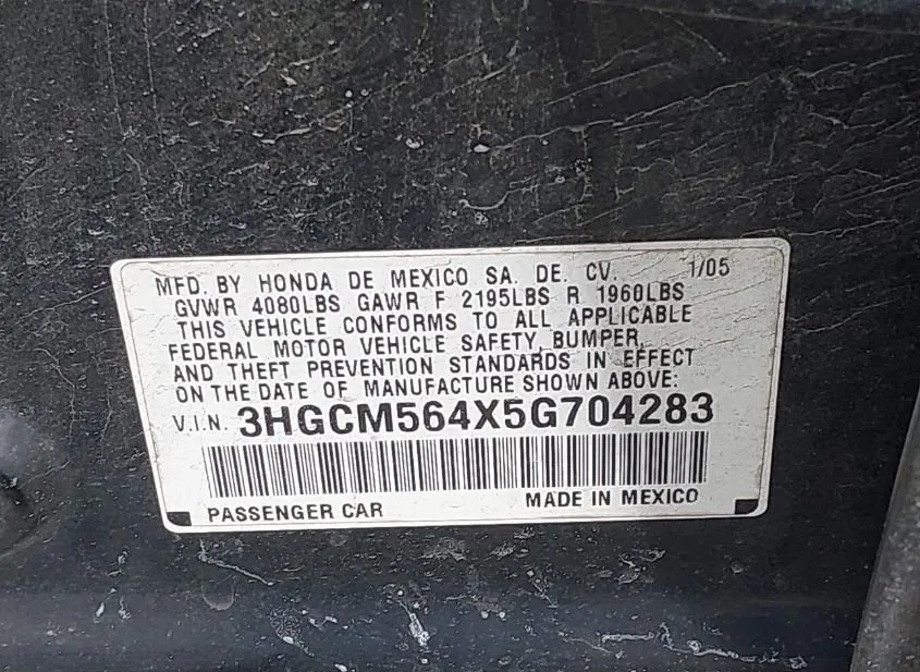 2005 HONDA Accord Used VIN 3HGCM564X5G704283 – side profile