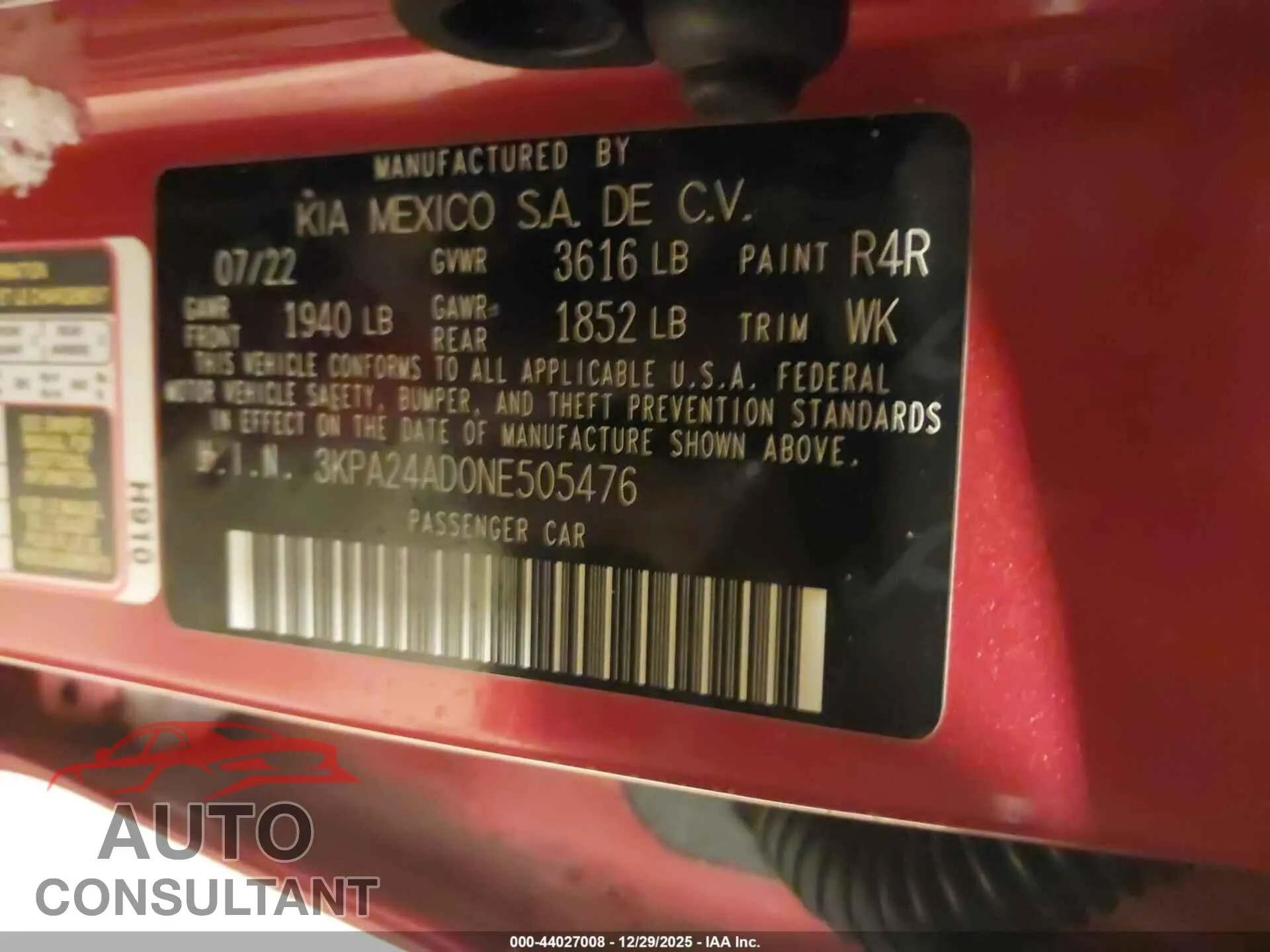 2022 KIA RIO Damaged VIN 3KPA24AD0NE505476 – trunk area