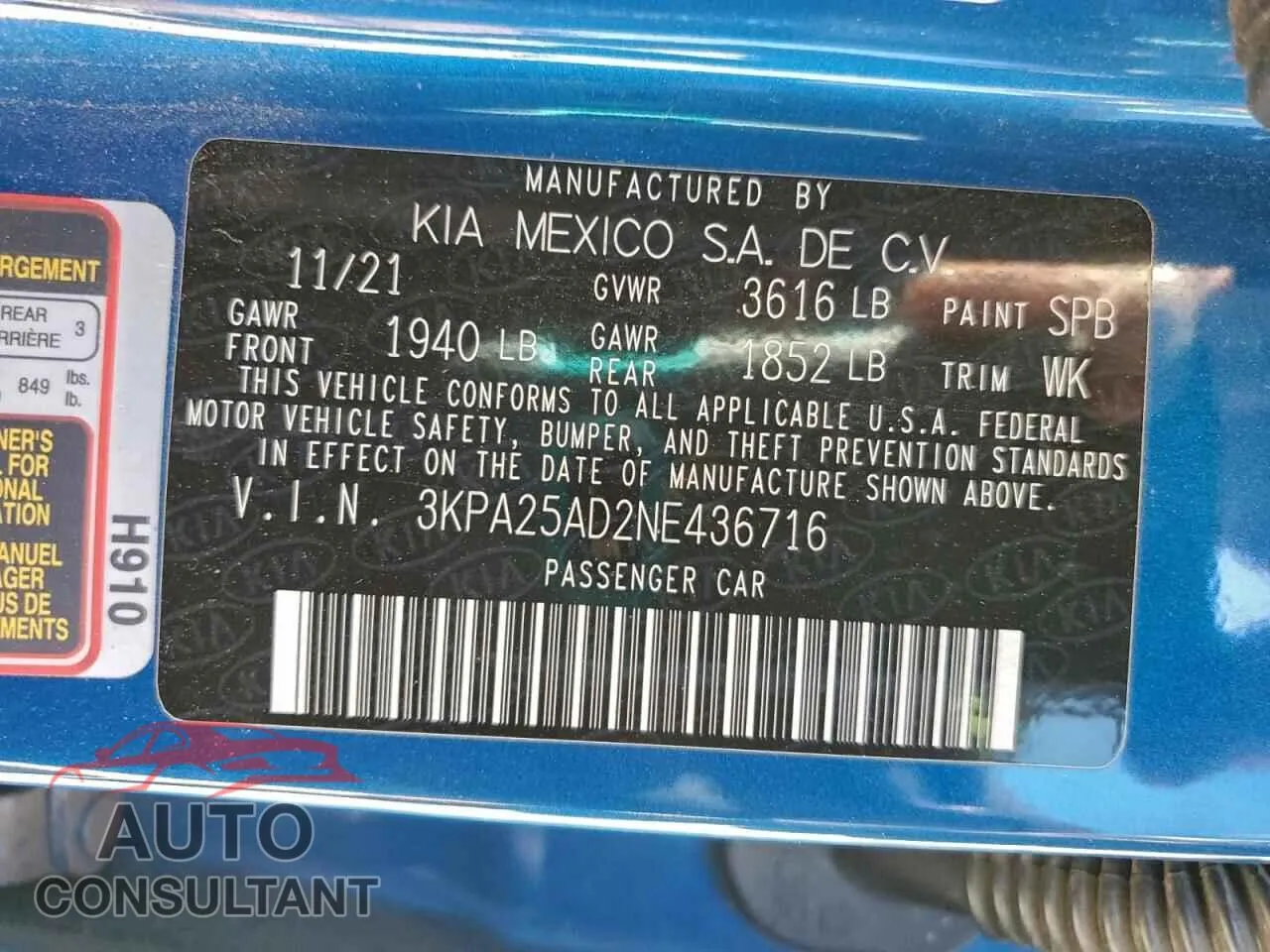 2022 KIA RIO Damaged VIN 3KPA25AD2NE436716 – photo 12