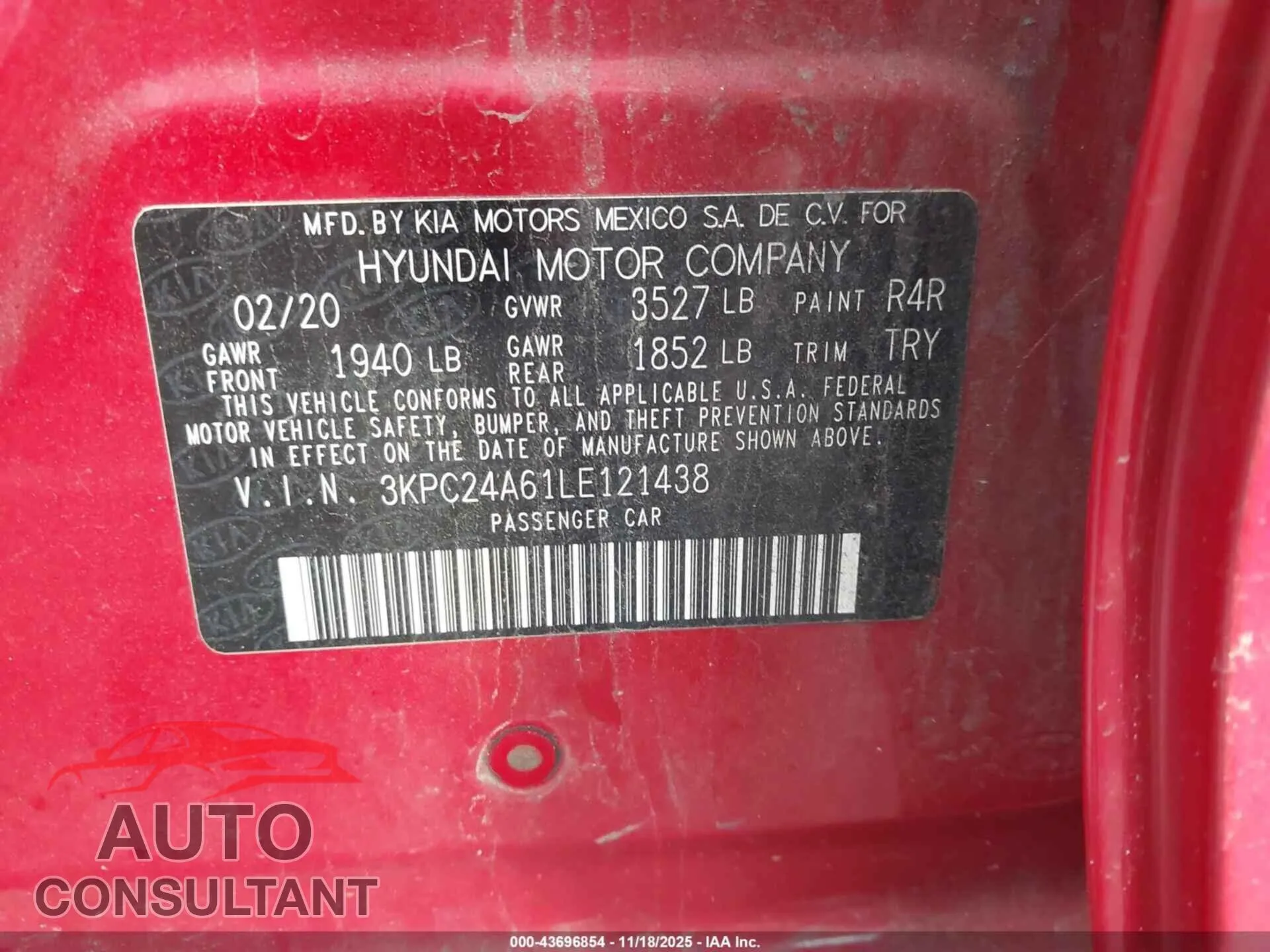 2020 HYUNDAI ACCENT Damaged VIN 3KPC24A61LE121438 – trunk area
