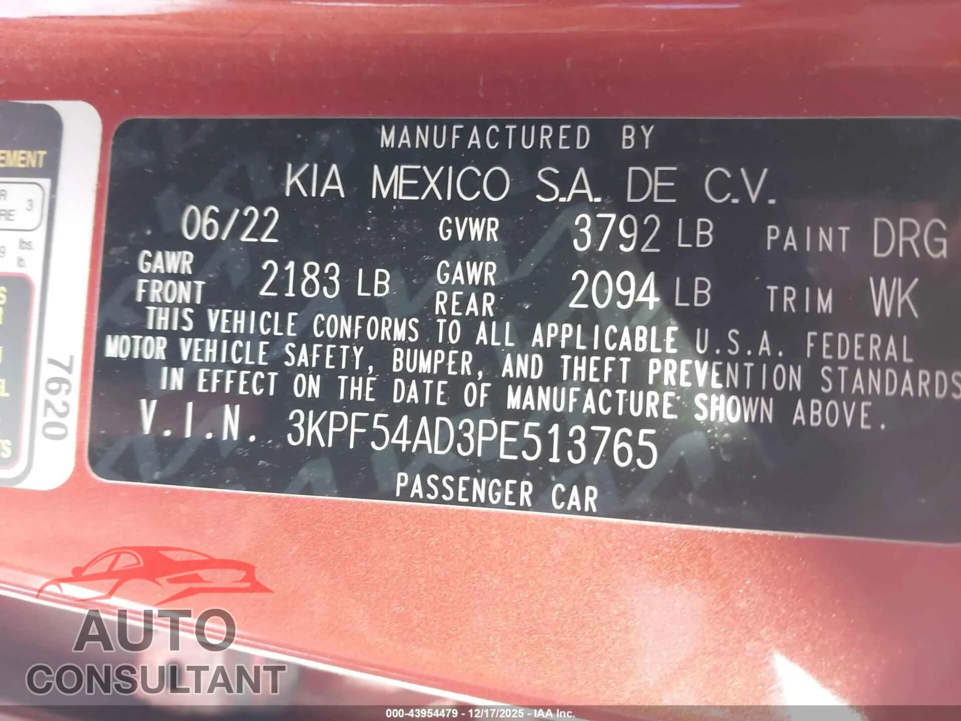 2023 KIA FORTE Damaged VIN 3KPF54AD3PE513765 – trunk area