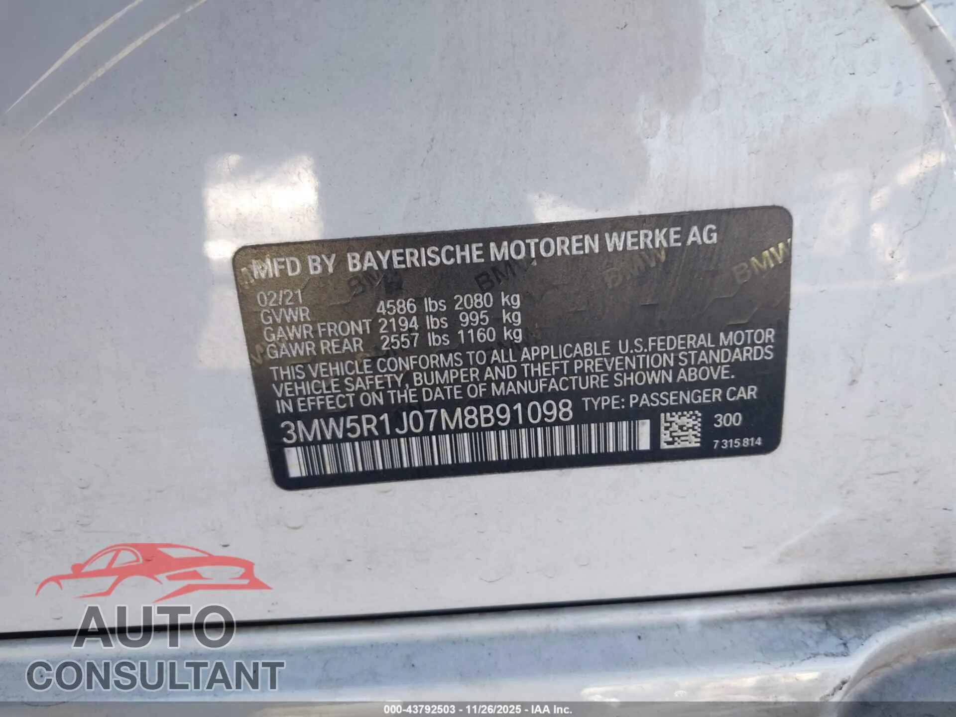2021 BMW 330I Damaged VIN 3MW5R1J07M8B91098 – trunk area
