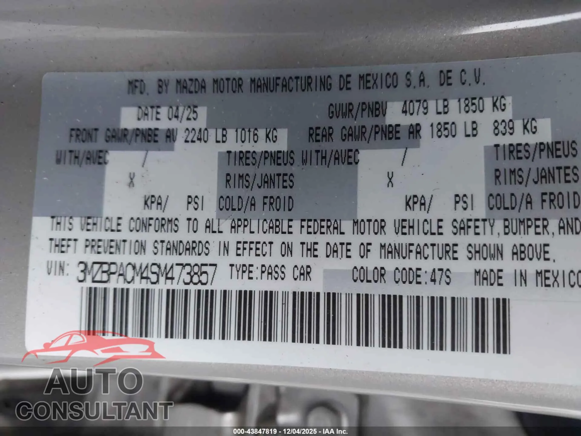 2025 MAZDA MAZDA3 Damaged VIN 3MZBPACM4SM473857 – trunk area 2025 MAZDA MAZDA3 Damaged VIN 3MZBPACM4SM473857 – trunk area