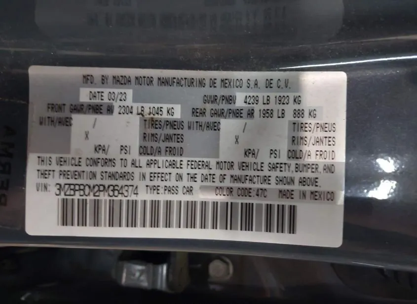 2023 MAZDA Mazda3 Used VIN 3MZBPBCM2PM364374 – odometer reading