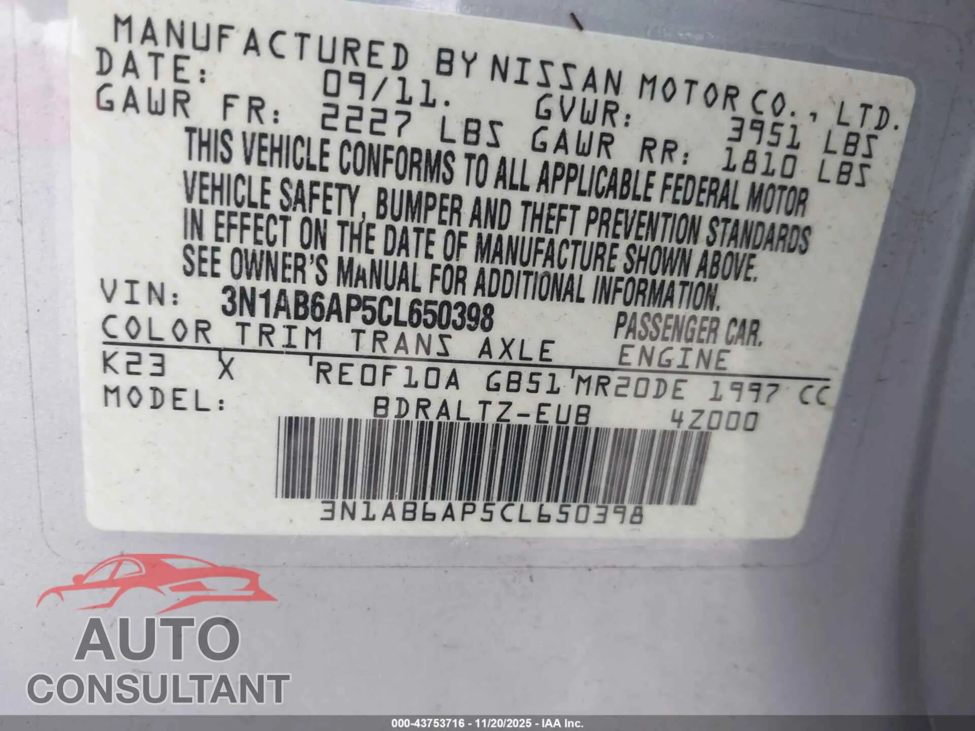 2012 NISSAN SENTRA Damaged VIN 3N1AB6AP5CL650398 – trunk area
