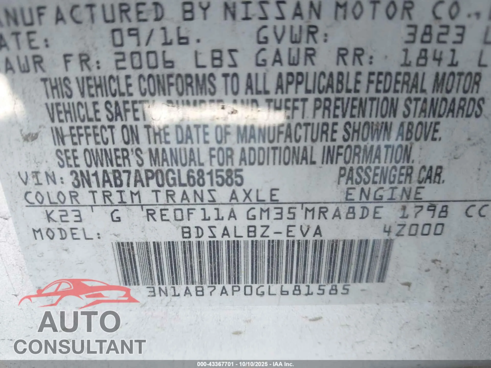 2016 NISSAN SENTRA Damaged VIN 3N1AB7AP0GL681585 – trunk area