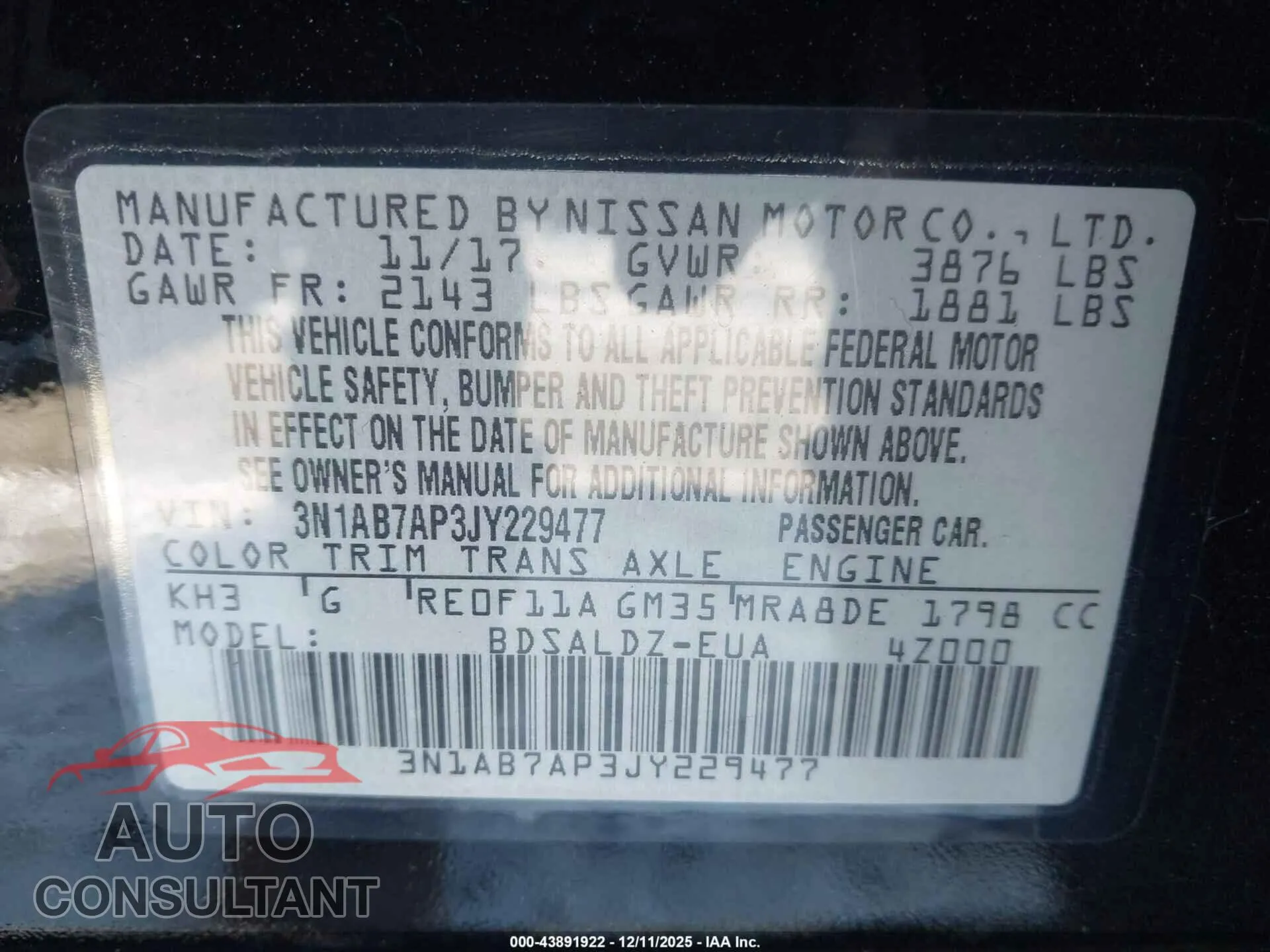 2018 NISSAN SENTRA Damaged VIN 3N1AB7AP3JY229477 – trunk area