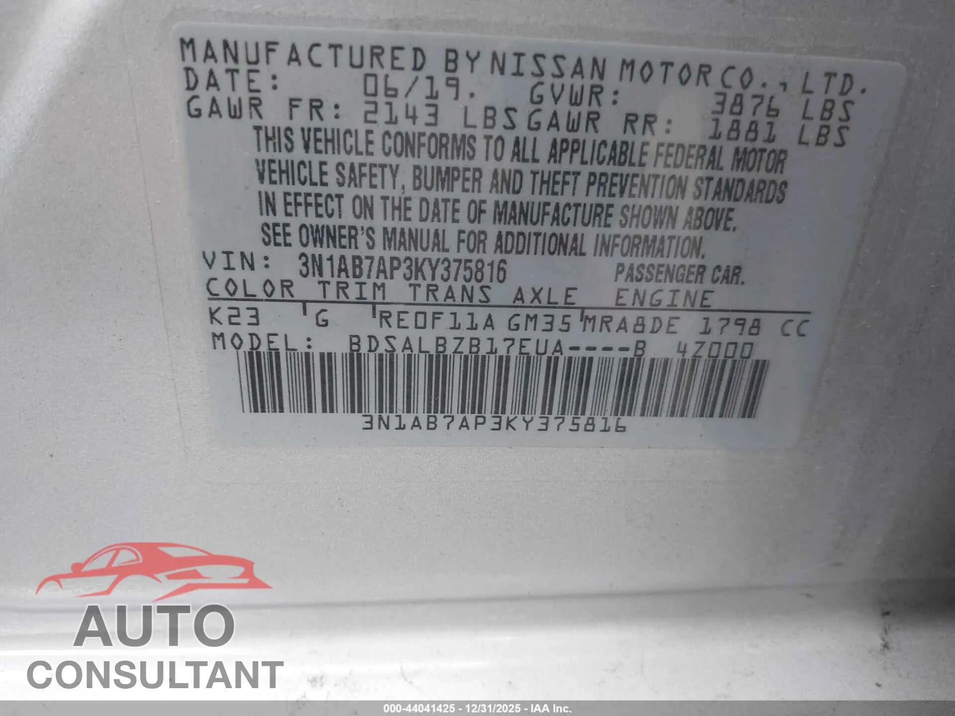 2019 NISSAN SENTRA Damaged VIN 3N1AB7AP3KY375816 – trunk area