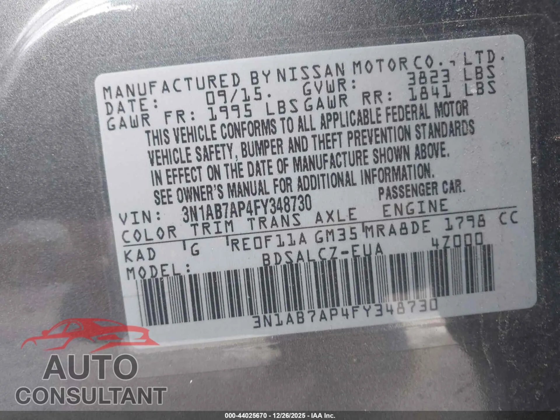 2015 NISSAN SENTRA Damaged VIN 3N1AB7AP4FY348730 – trunk area