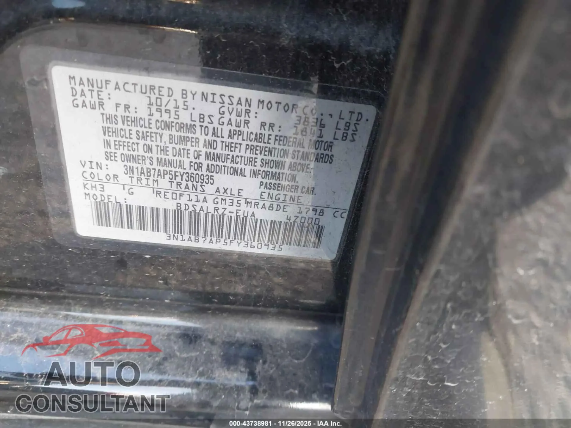 2015 NISSAN SENTRA Damaged VIN 3N1AB7AP5FY360935 – trunk area