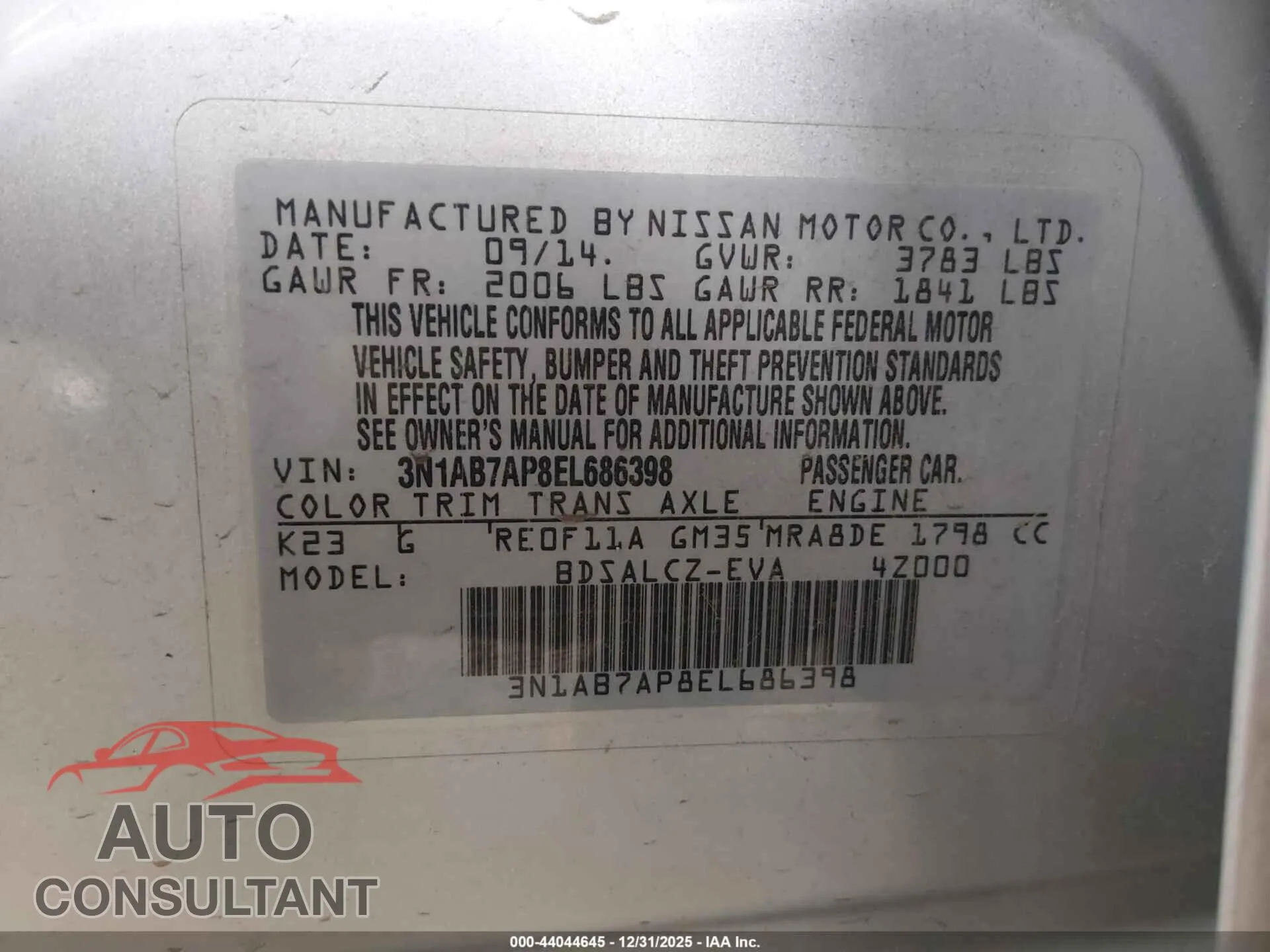 2014 NISSAN SENTRA Damaged VIN 3N1AB7AP8EL686398 – trunk area