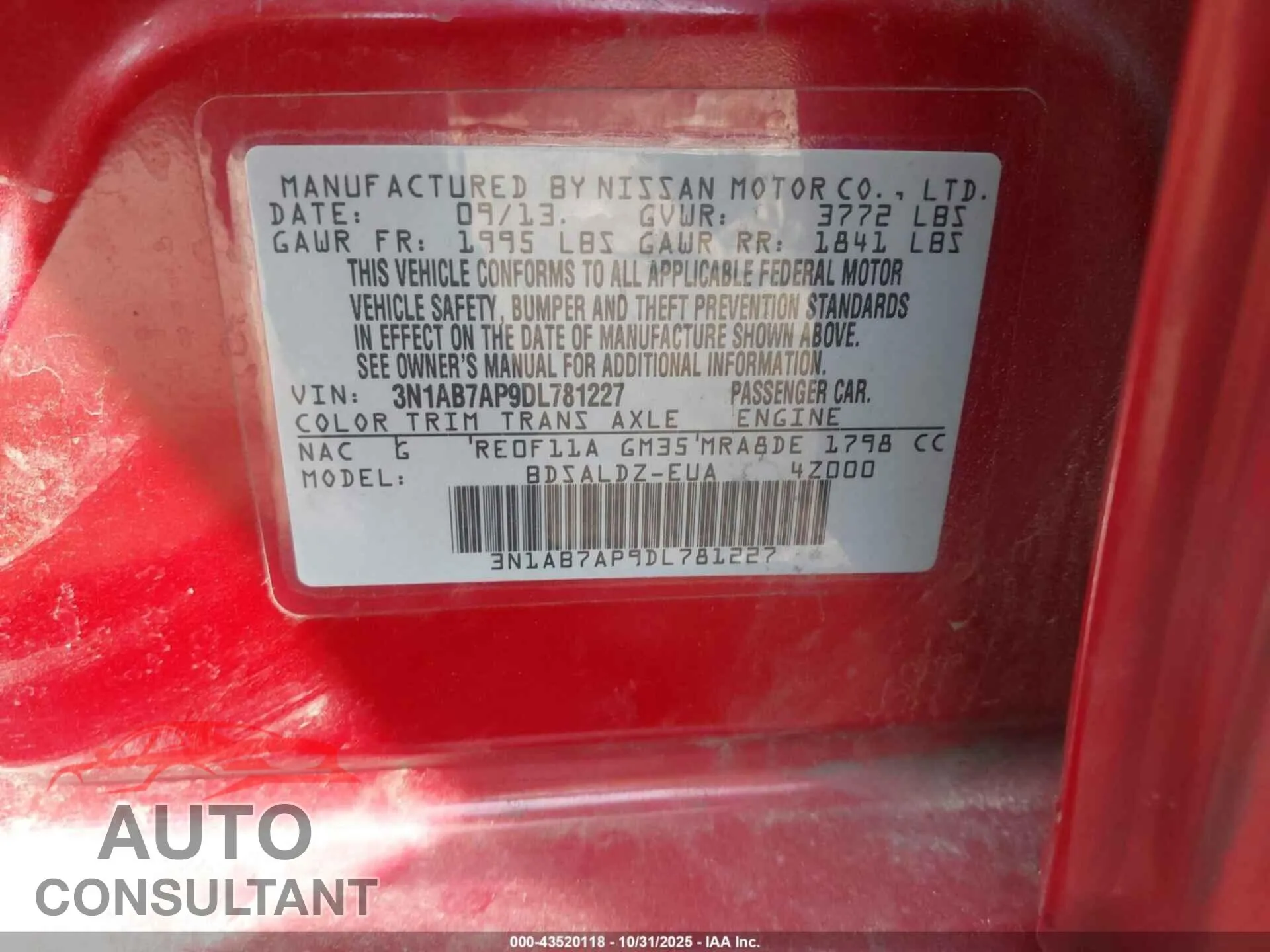 2013 NISSAN SENTRA Damaged VIN 3N1AB7AP9DL781227 – trunk area