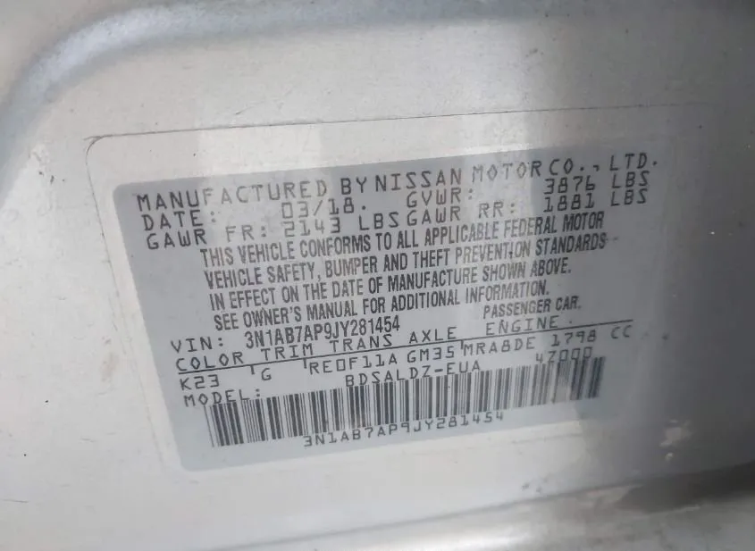 2018 NISSAN Sentra Used VIN 3N1AB7AP9JY281454 – interior seats