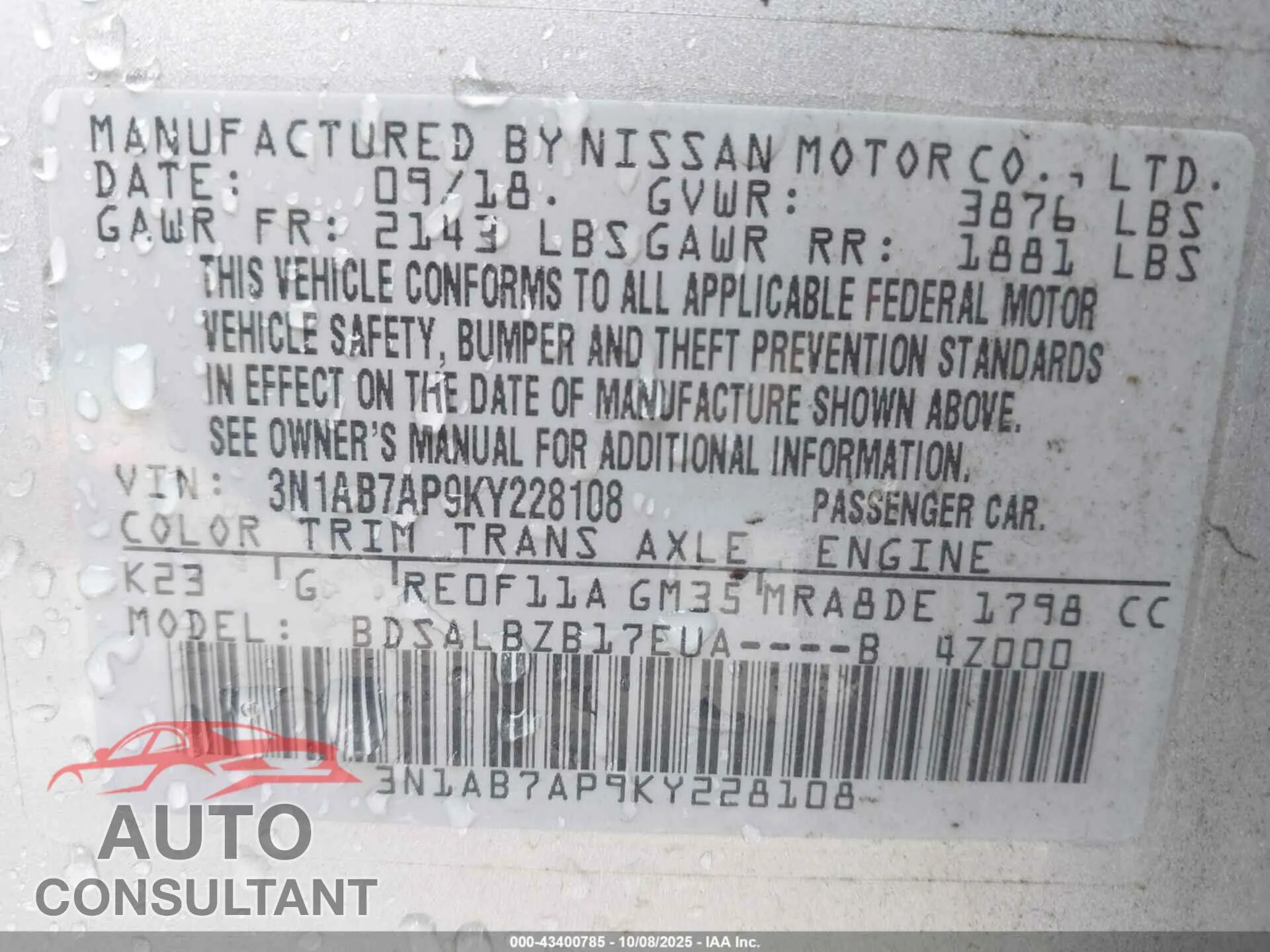 2019 NISSAN SENTRA Damaged VIN 3N1AB7AP9KY228108 – trunk area