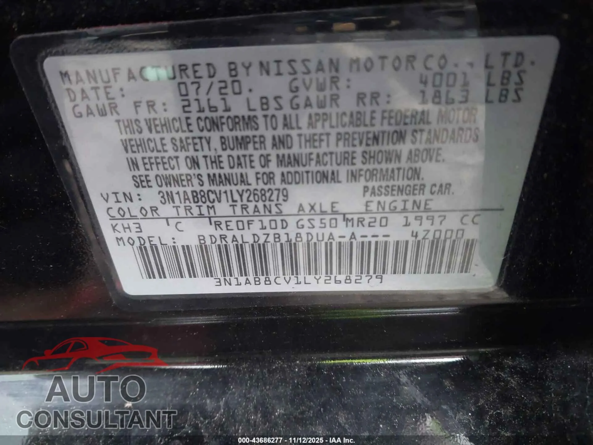 2020 NISSAN SENTRA Damaged VIN 3N1AB8CV1LY268279 – trunk area 2020 NISSAN SENTRA Damaged VIN 3N1AB8CV1LY268279 – trunk area