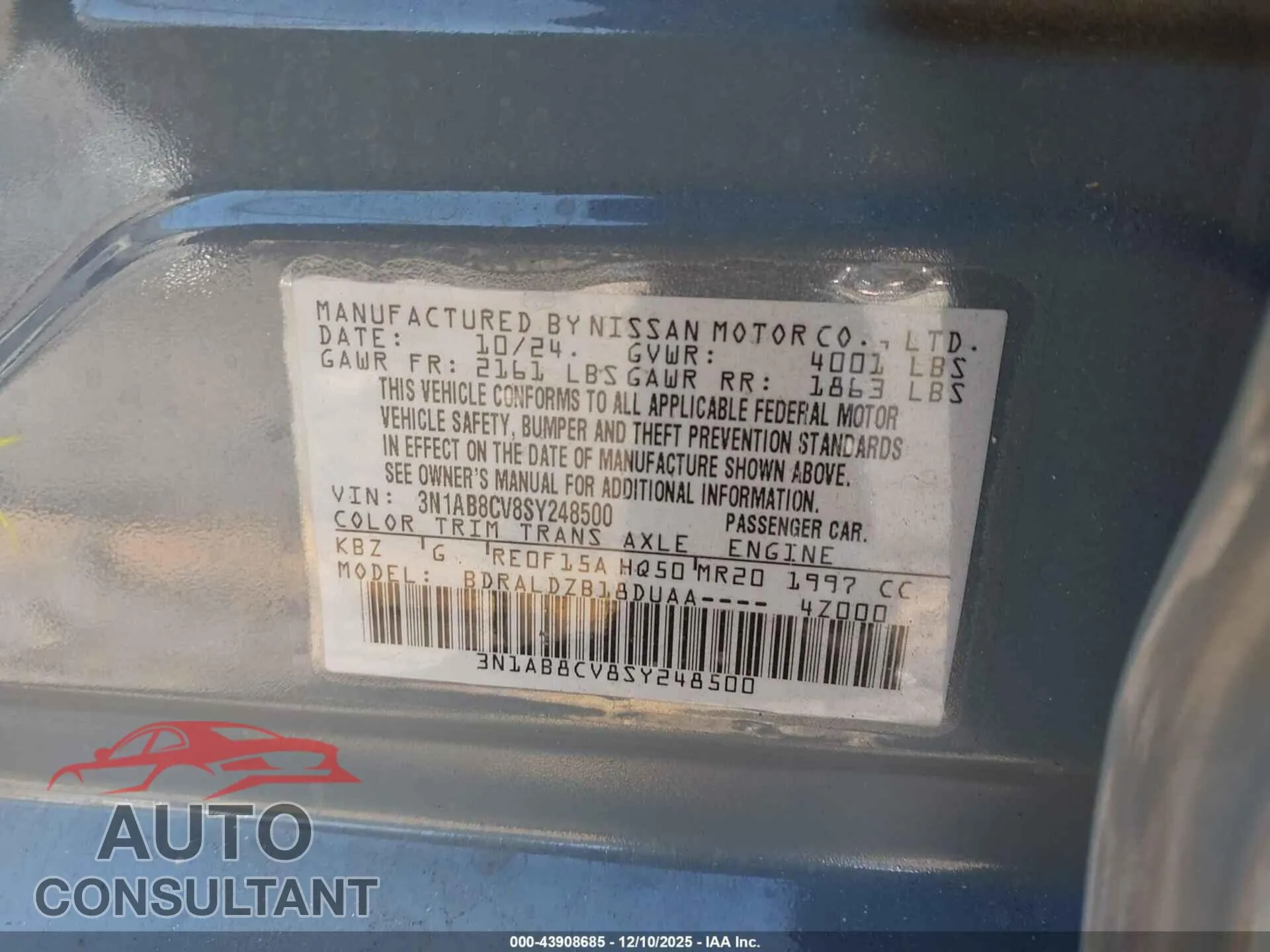 2025 NISSAN SENTRA Damaged VIN 3N1AB8CV8SY248500 – trunk area