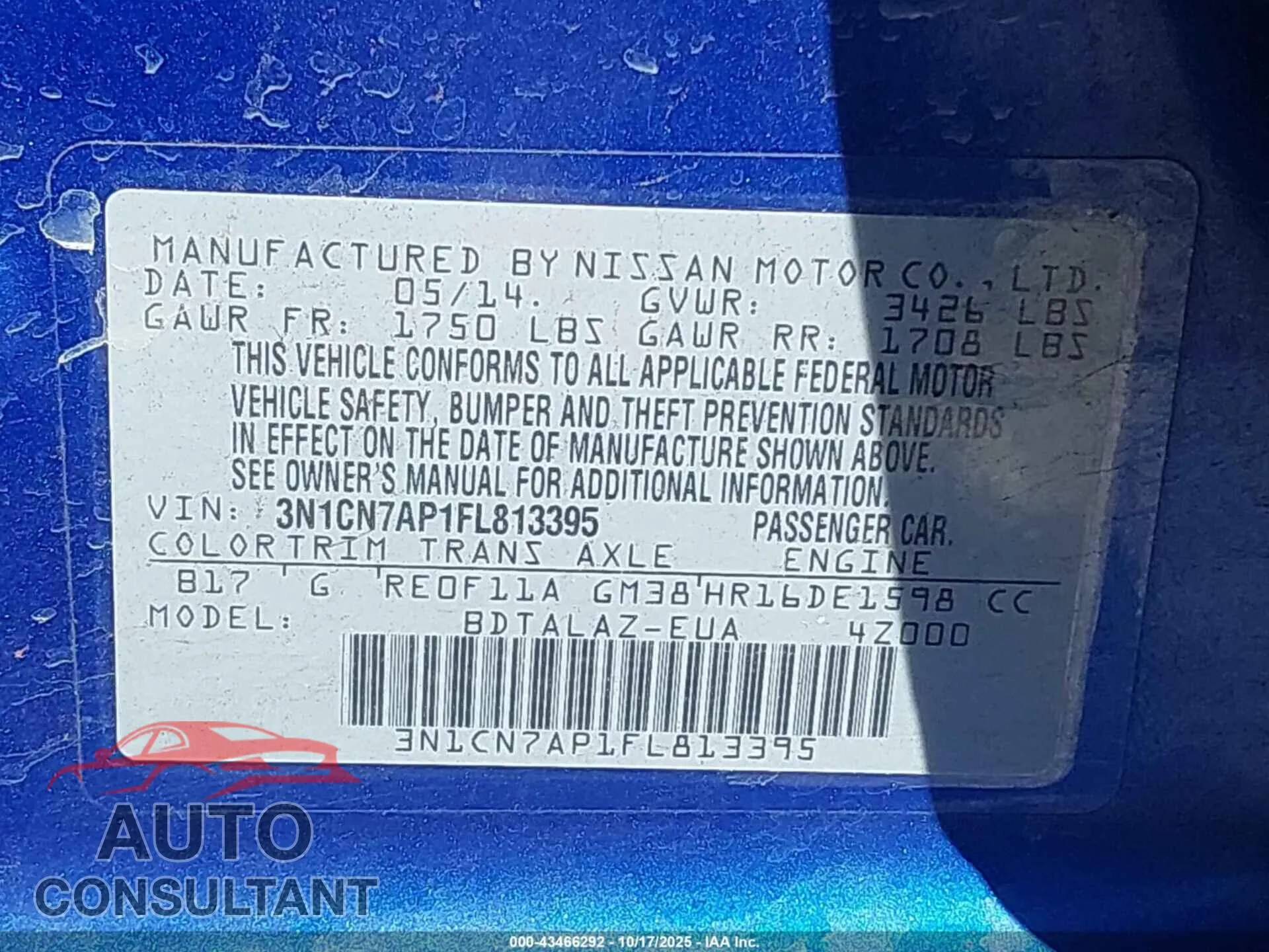 2015 NISSAN VERSA Damaged VIN 3N1CN7AP1FL813395 – trunk area