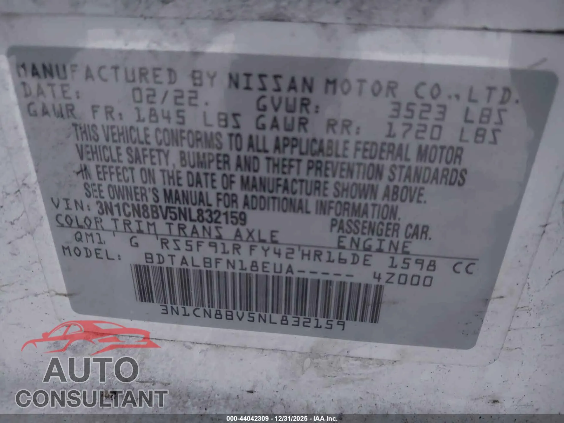 2022 NISSAN VERSA Damaged VIN 3N1CN8BV5NL832159 – trunk area