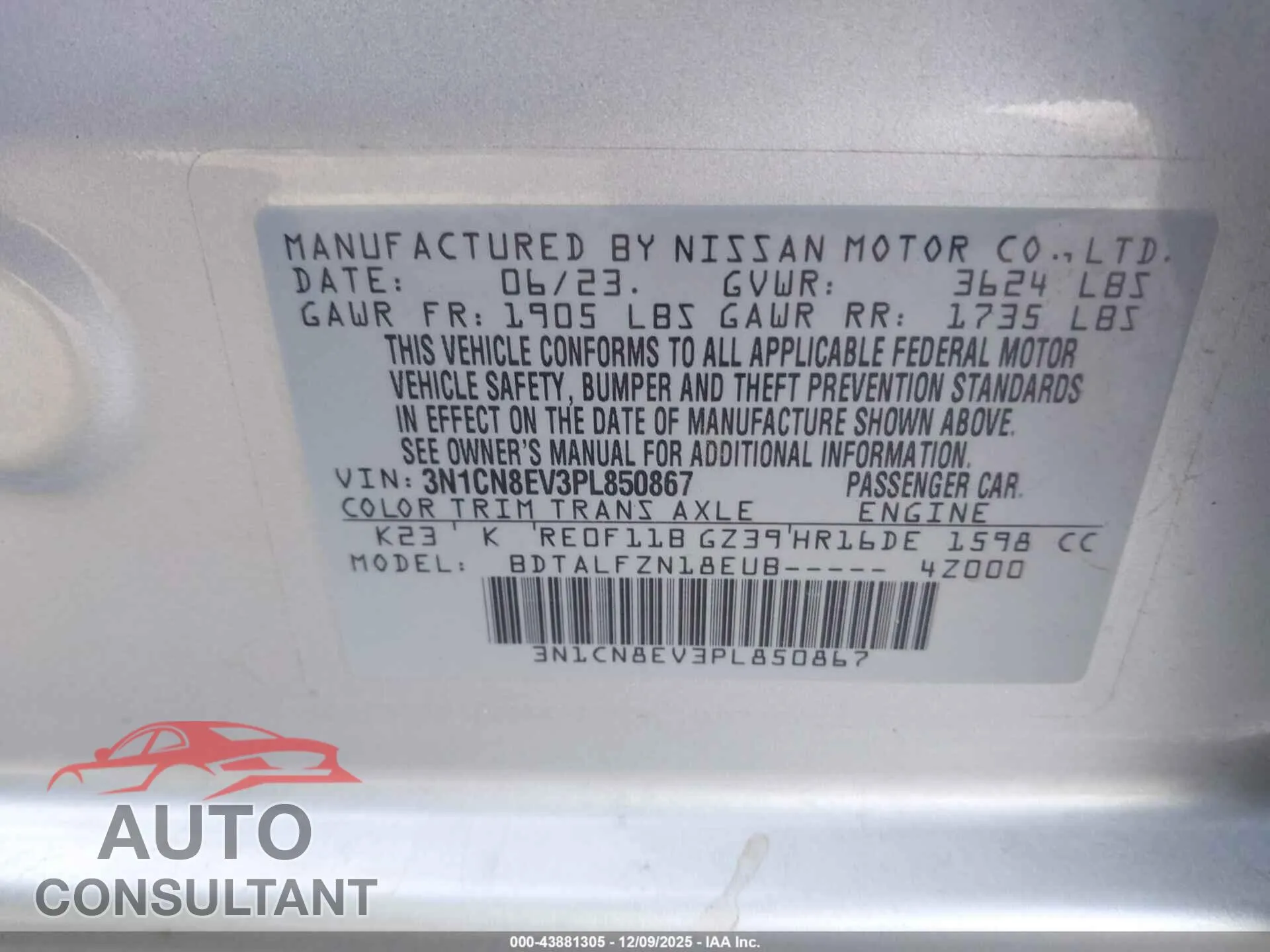 2023 NISSAN VERSA Damaged VIN 3N1CN8EV3PL850867 – trunk area