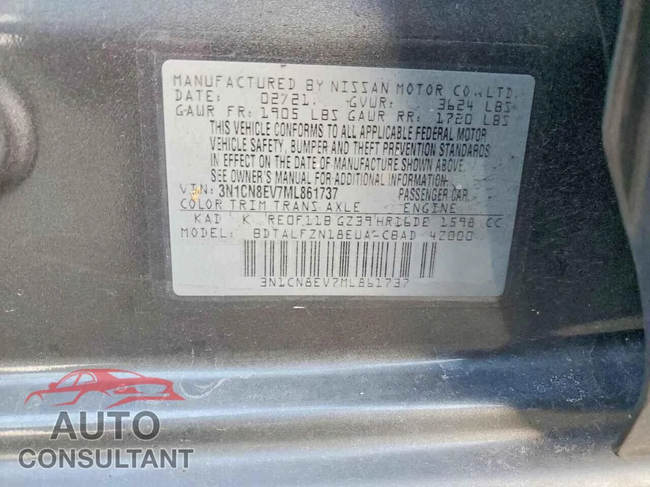2021 NISSAN VERSA Damaged VIN 3N1CN8EV7ML861737 – photo 12