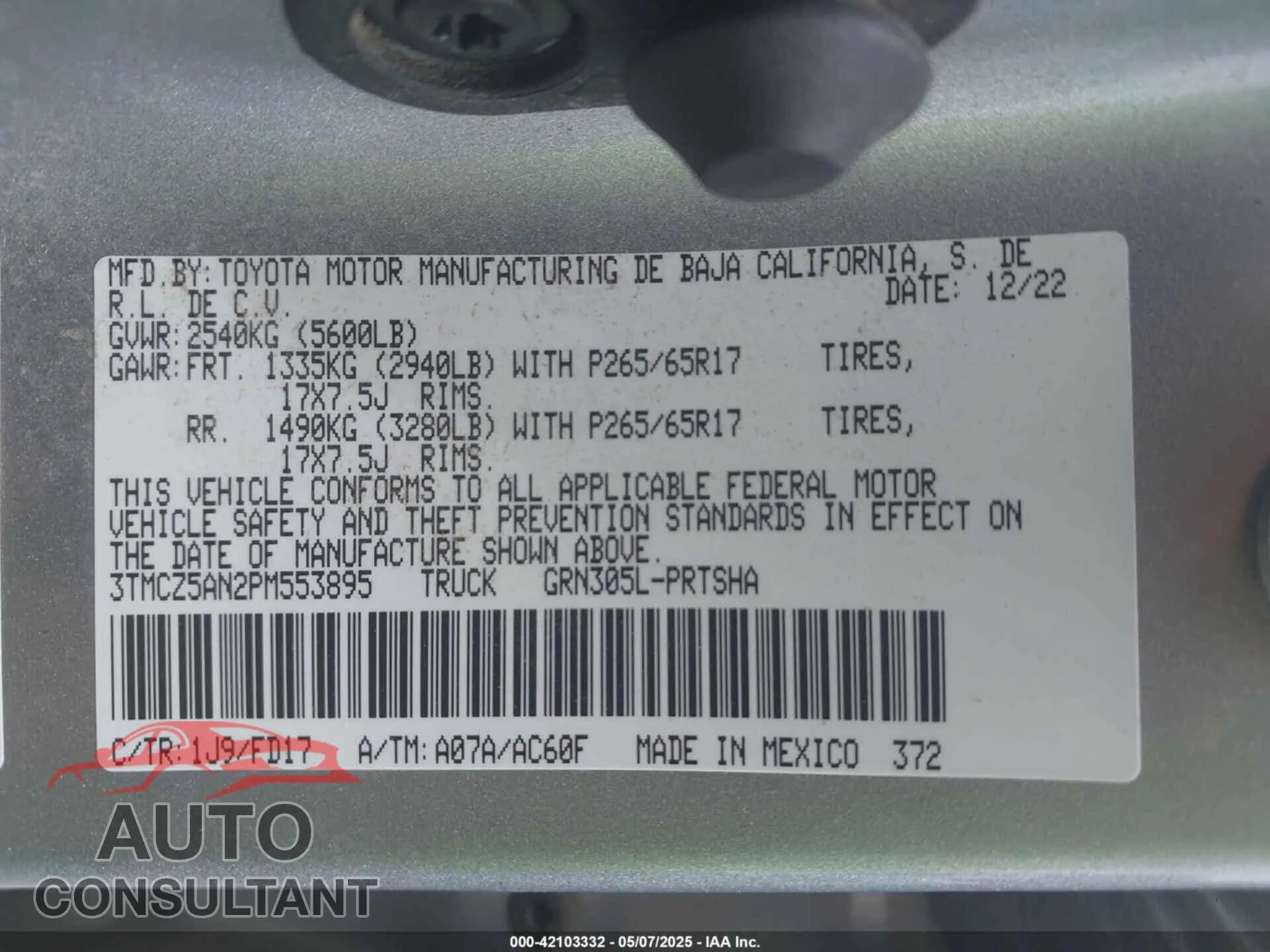 2023 TOYOTA TACOMA Damaged VIN 3TMCZ5AN2PM553895 – trunk area