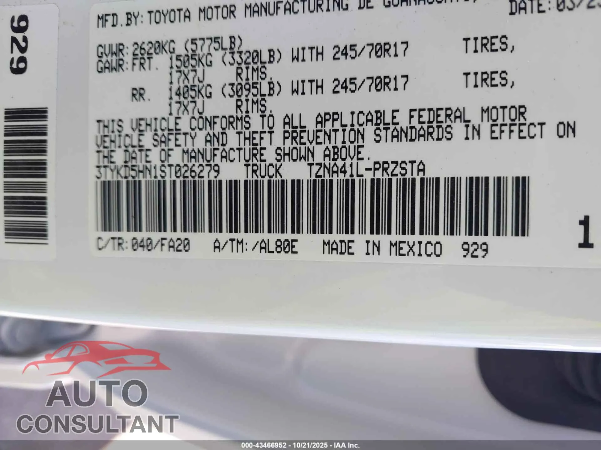 2025 TOYOTA TACOMA Damaged VIN 3TYKD5HN1ST026279 – trunk area